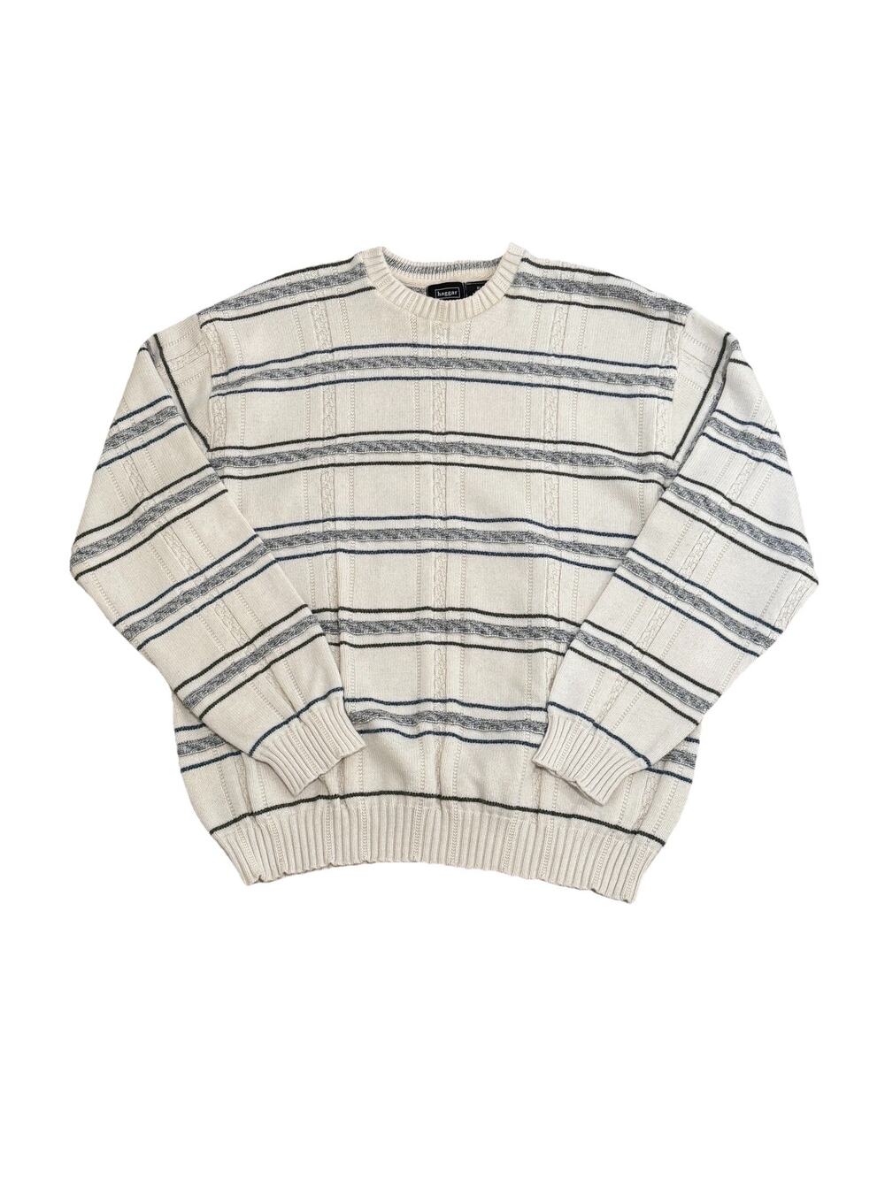 Vintage Haggar Grandpa Sweater Mens XL Cream Striped Cotton Blend Crewneck Cozy